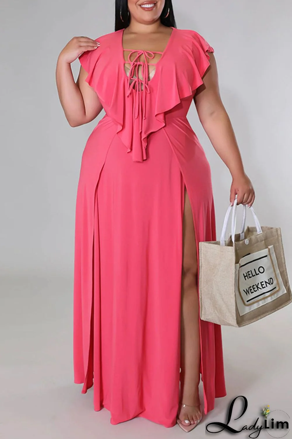 Pink Sexy Solid Bandage Patchwork Flounce Slit V Neck Straight Plus Size Dresses