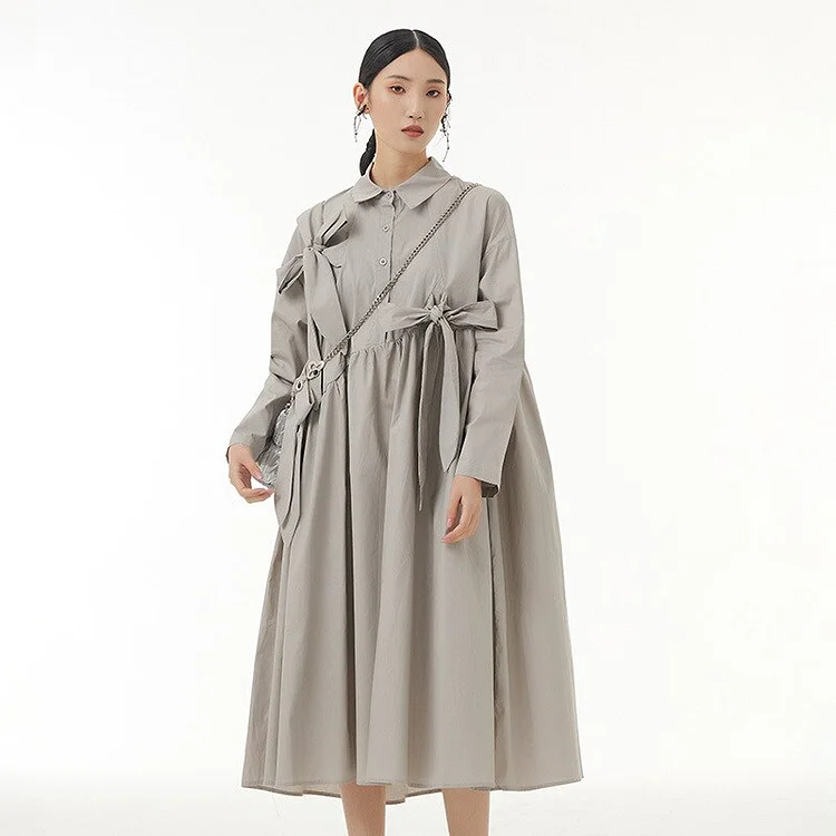 Temperament Loose Solid Color Lapel Asymmetrical Bow Decor Pleated Long Sleeve Dress