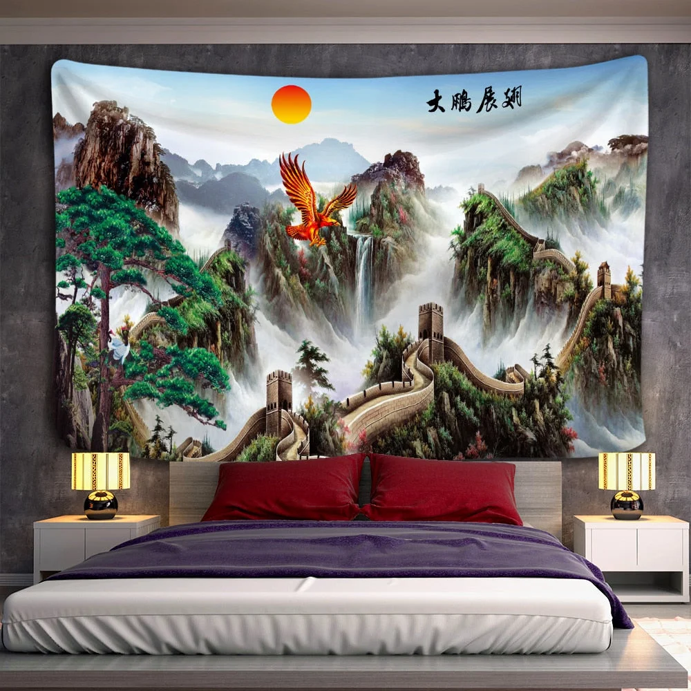 Sunset Mountain Forest Tapestry Wall Hanging Japanese Illustration Bohemian Witchcraft Hippie Mandala Home Decor