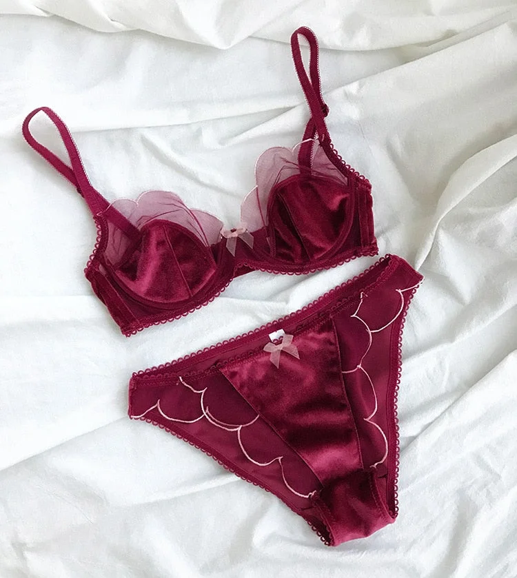 Velvet and lace contrast color comfortable sexy bra set ultra-thin breathable underwear women cute sweet girl lingerie set