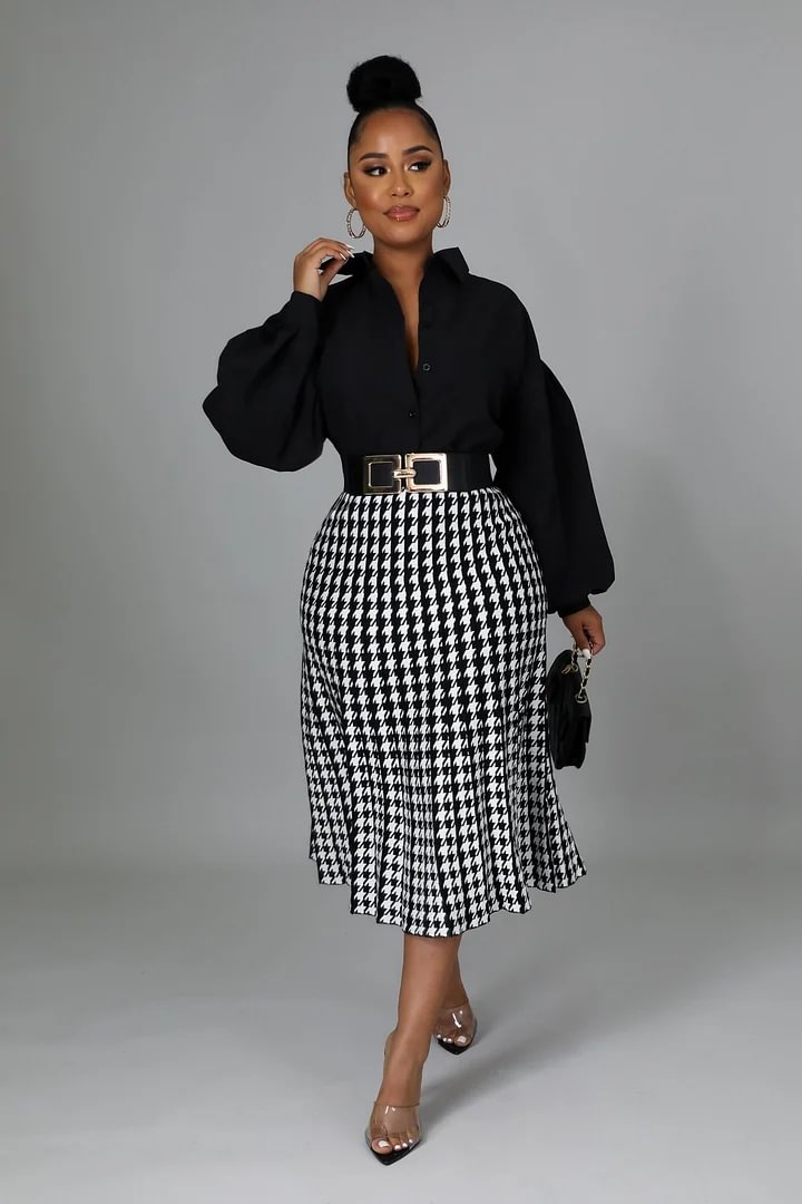 Long Knit Chidori Grid Skirt Long Sleeve Tops