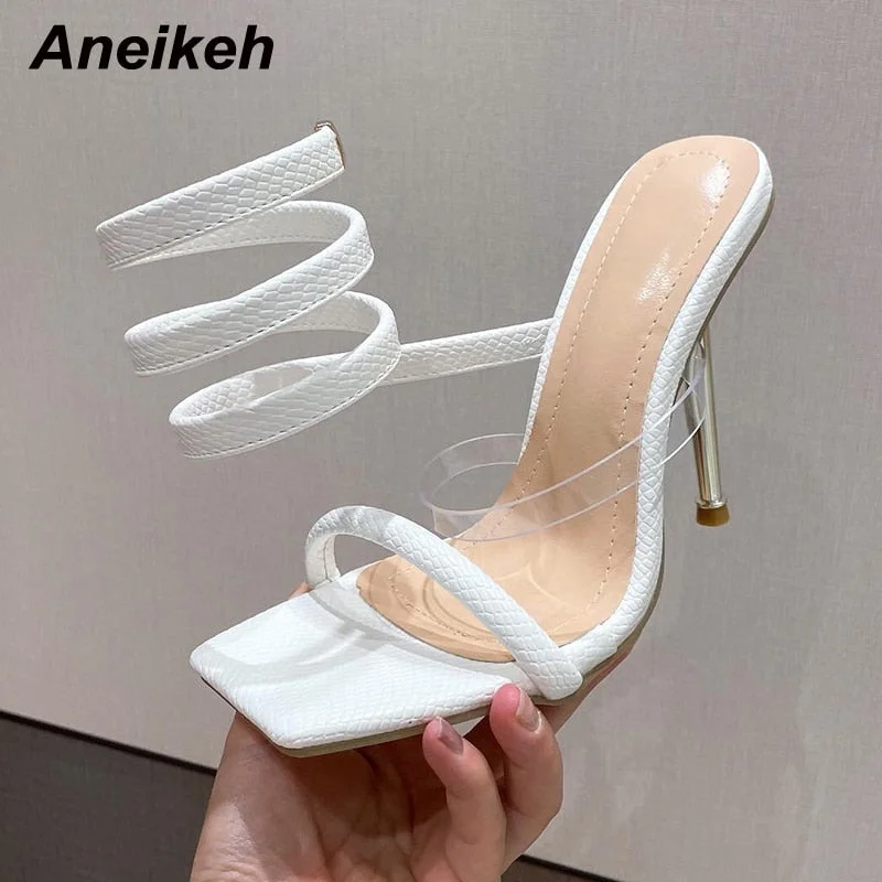 Aneikeh 2022 Rome Shallow Ankle Strap Sandals Women Summer Fashion Alligator Pattern Heigh Shoes Heels De Mujeres Elastic Band