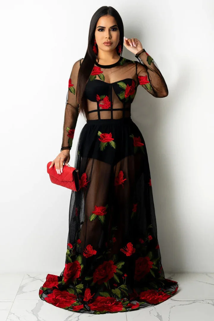 Embroidered Red Rose See Through Prom Maxi Dresses