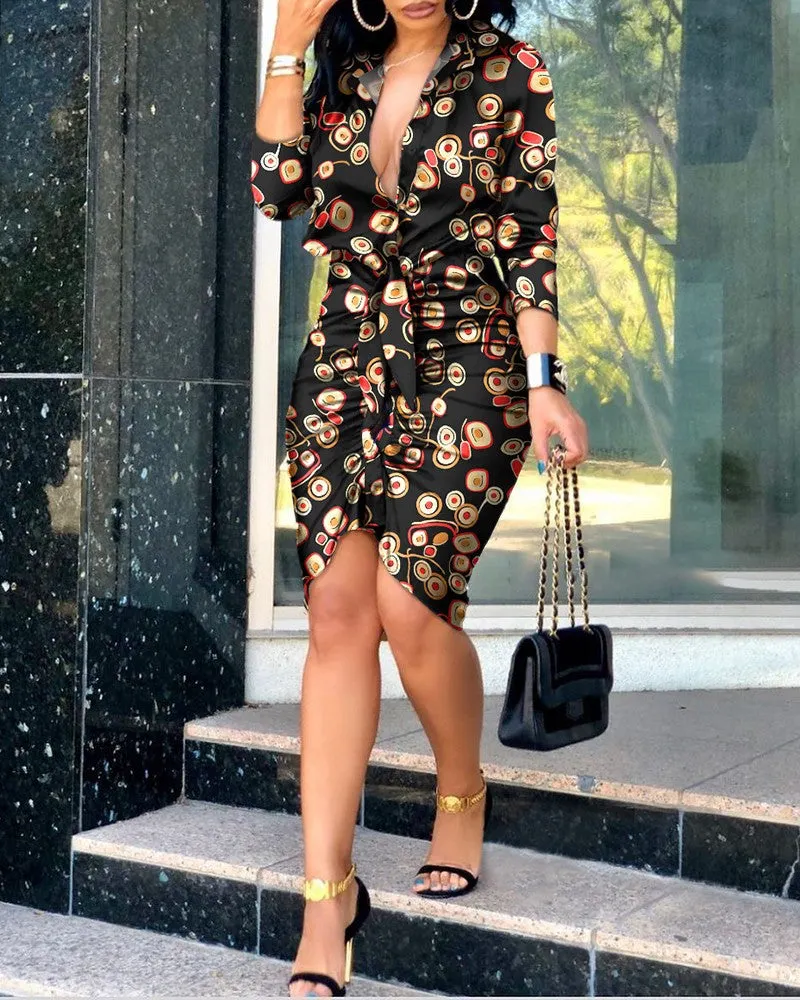 Brownm V-neck Lace-up Solid Color Long Sleeve Dresses
