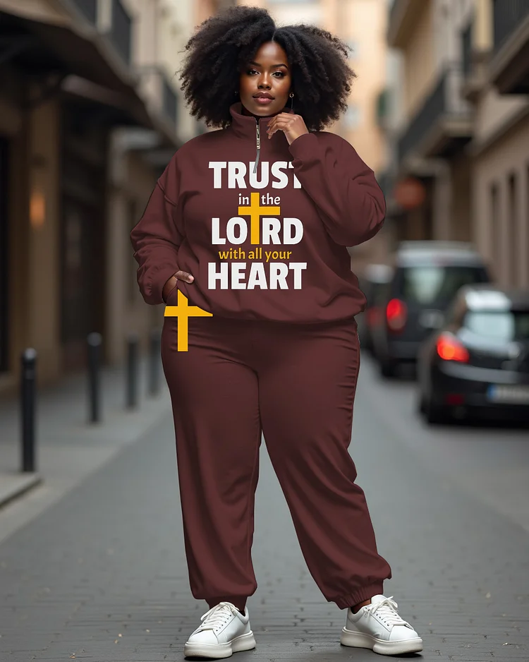 Women's Plus Size Lettering Print Zip-up Stand-up Collar Sweatshirt and Casual Pants Set