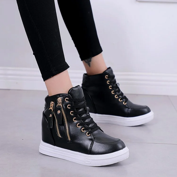 Qengg Shoes Woman High Top Spring Autumn 2022 Female Fashion Casual Shoes Zipper Hided Wedge Lady Sneakers White Shoes
