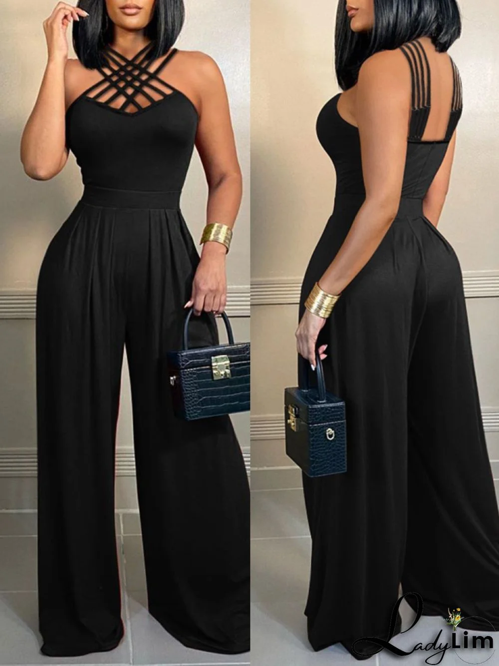 Women Sexy Crossover Wide Leg Jumpsuit