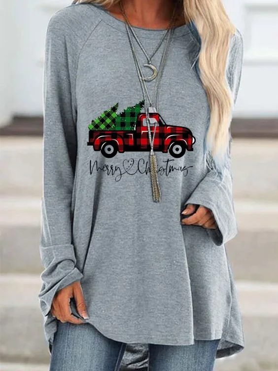 Crew Neck Cotton-Blend Long Sleeve Shirts Blouses