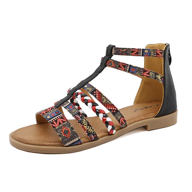 Summer Ethnic Colorful Color Blocks Flat Sandals Casual Comfortable Round-Toe Zipper Vintage