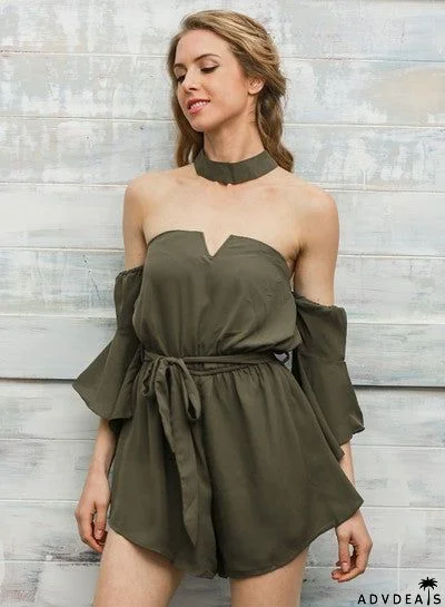 Strapless Flare Sleeve Romper with Choker