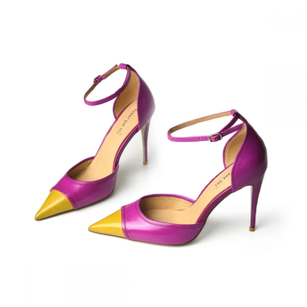 Ankle Strap Heels Pointed Toe Sandals Two-Color Stitching Pumps