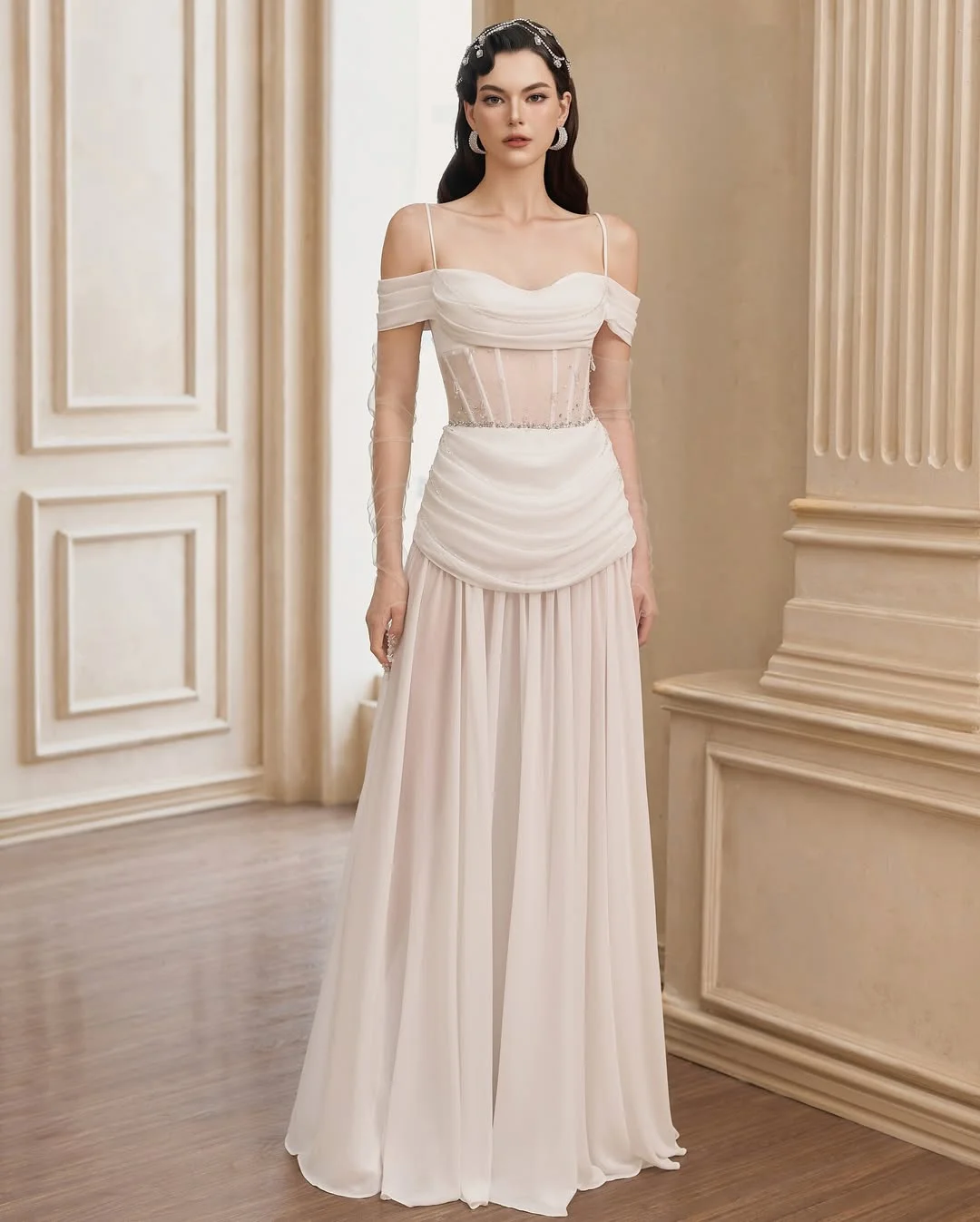 Flowy Cream Pleated Beaded Spaghetti-Straps Prom Dress With Tulle Gloves YK0187