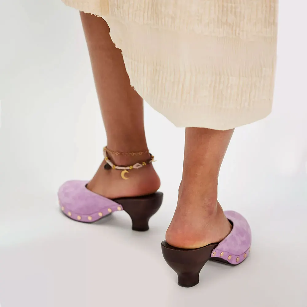 Light Purple Studded Round Toe Slip-On Sculptural Heel Mules for Women