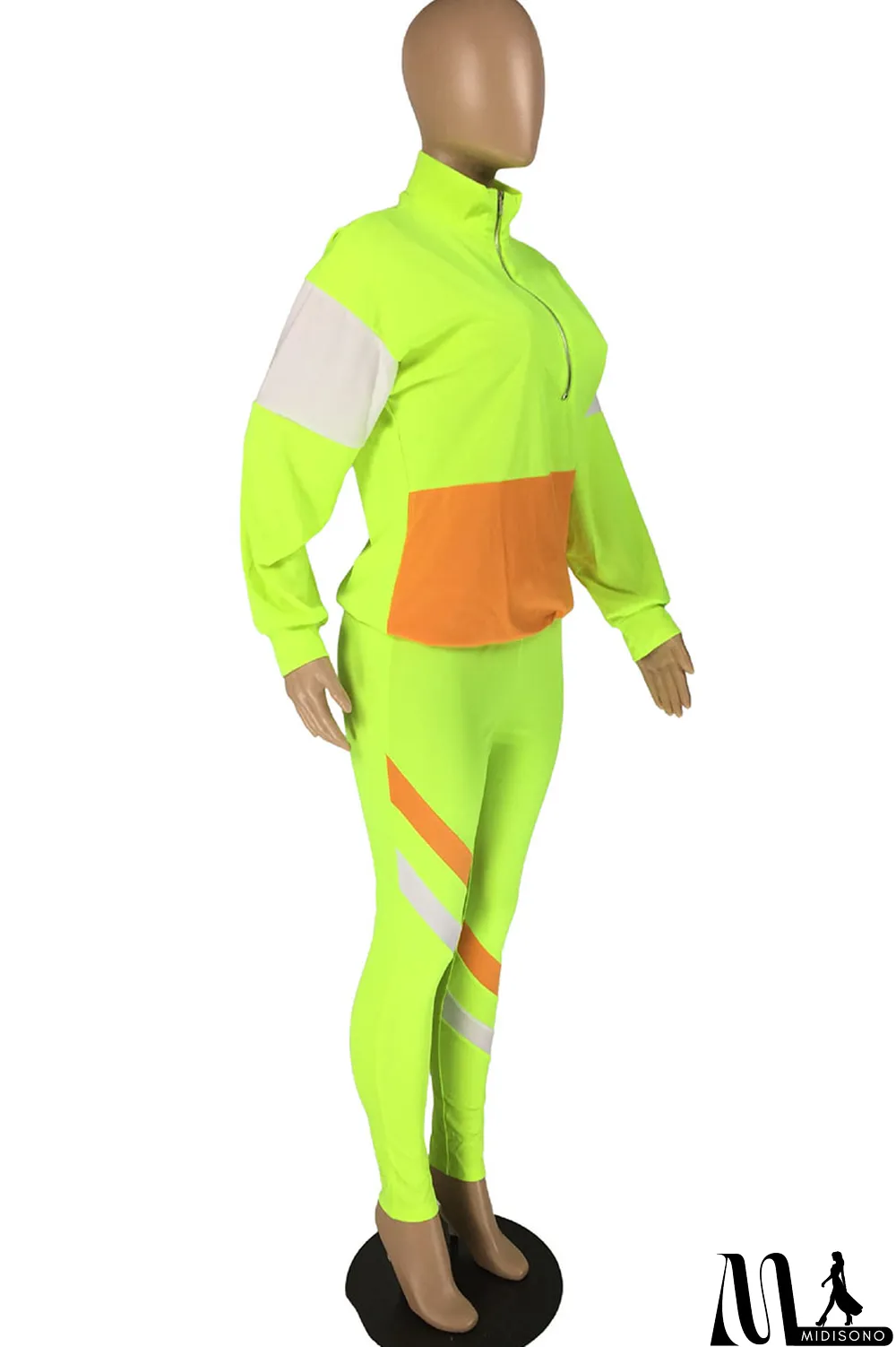 MidiSono - Fluorescent green Casual Striped Print Zippered Split Joint Mandarin Collar Long Sleeve Two Pieces