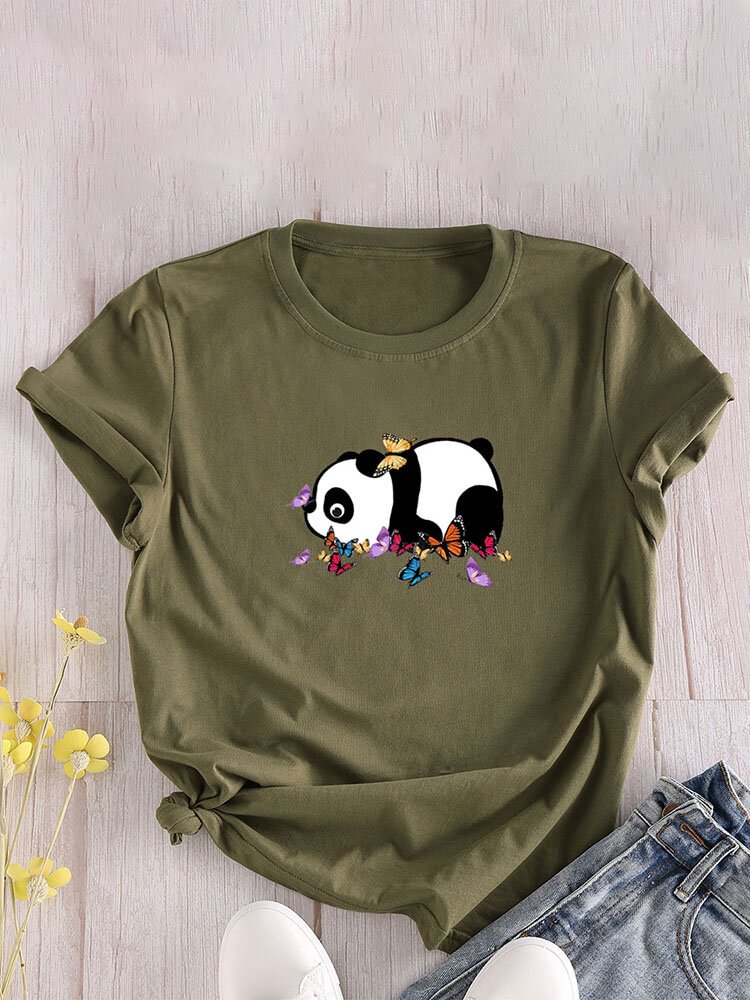 Panda Butterflies Print O neck Short Sleeve Casual T Shirt For Women P1825460
