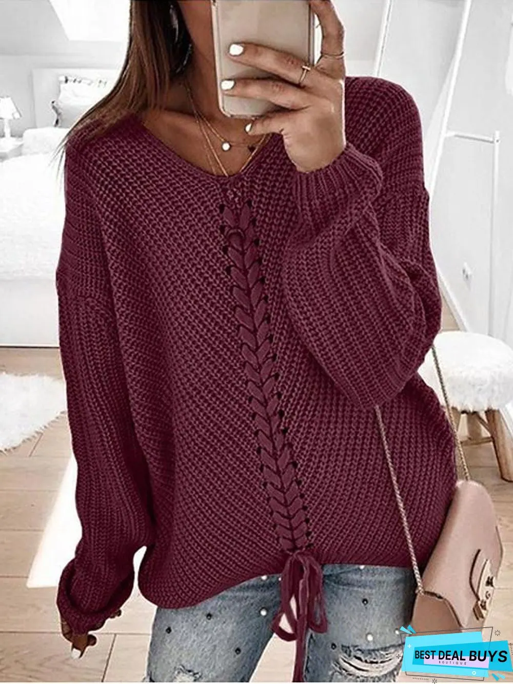 Women's Casual Knitted Solid Colored Pullover Long Sleeve Sweater Cardigans V Neck Spring Fall Black Red Yellow