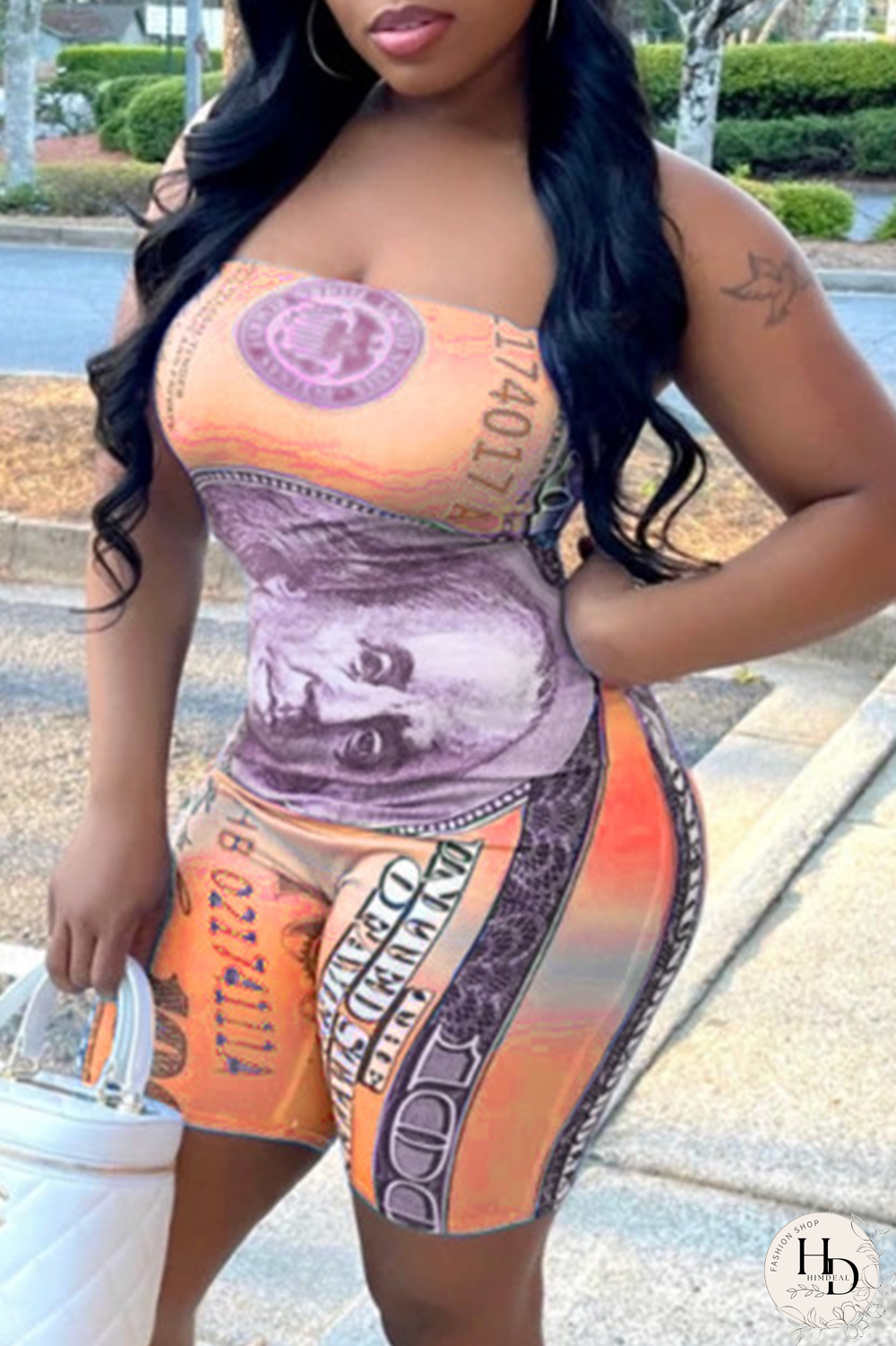 Orange Sexy Print Patchwork Strapless Skinny Jumpsuits
