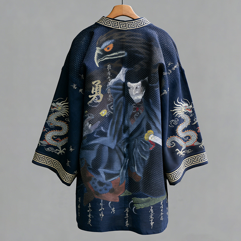 Men's Retro Japanese Ukiyo-e Samurai With Dragon Art Pattern Linen Blend Kimono  artssus