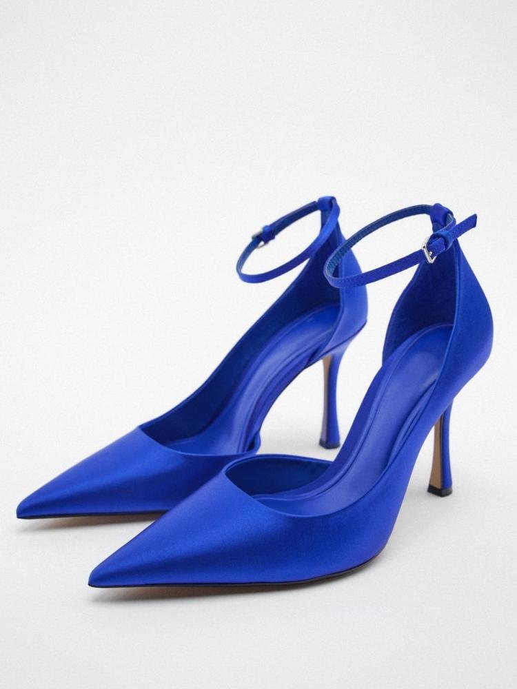 Fashion Asymmetric Blue Satin Buckle Ankle Strap Pointed-Toe Stiletto Heel Pumps