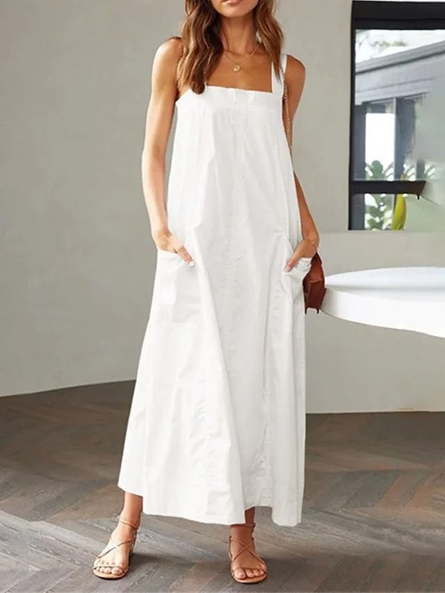 Women's Long Dress Maxi Dress Casual Dress Swing Dress Black Dress Pure Color Fashion Casual Outdoor Daily Date Backless Pocket Sleeveless Strap Dress Regular Fit Black White Yellow Spring Summer S M | IFYHOME