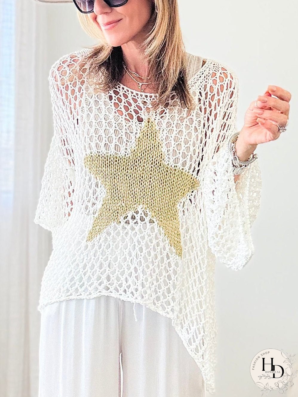 White Crochet Knit Top with Gold Star