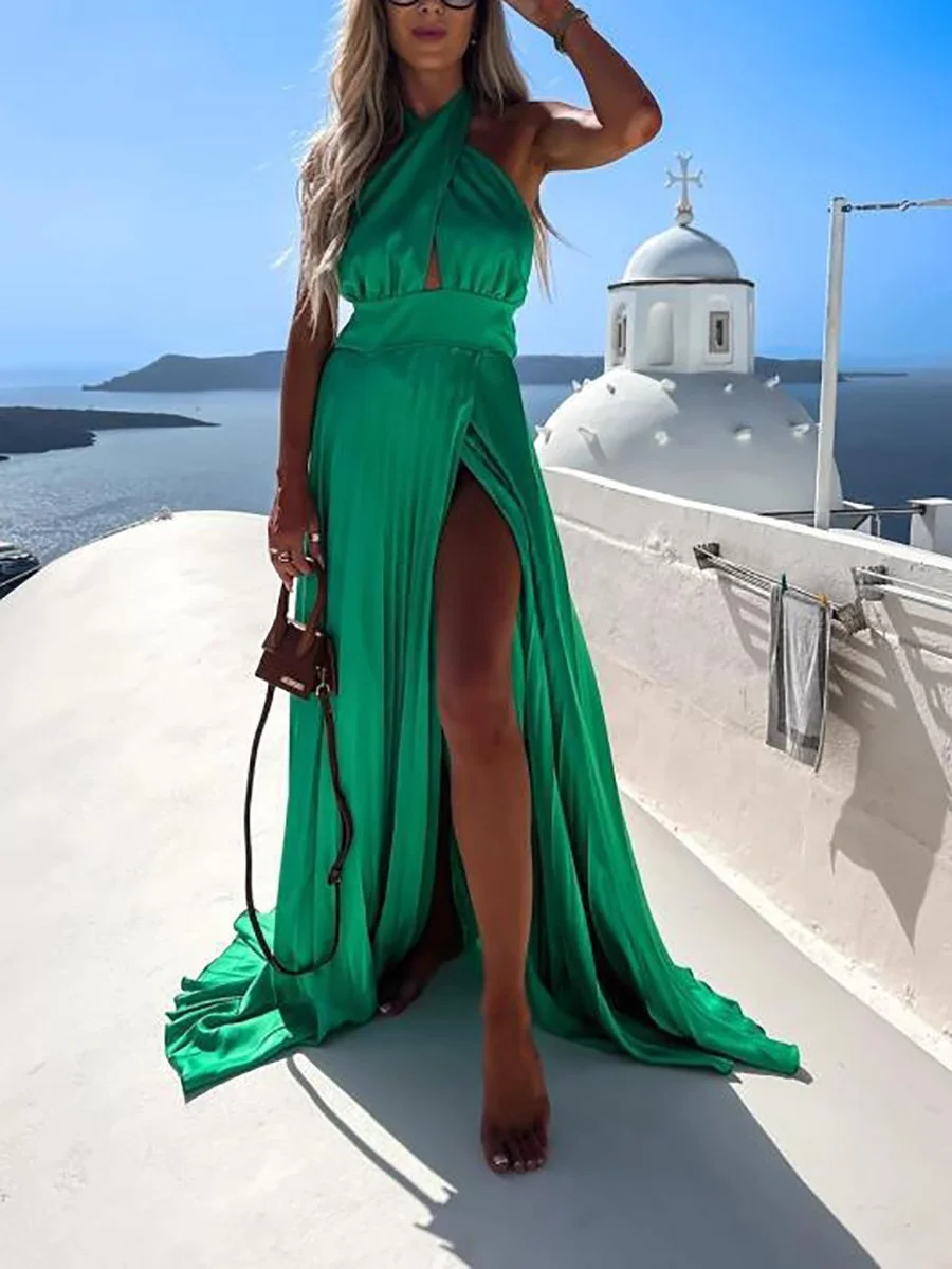 Sleeveless Cross Halter Slit Maxi Dress
