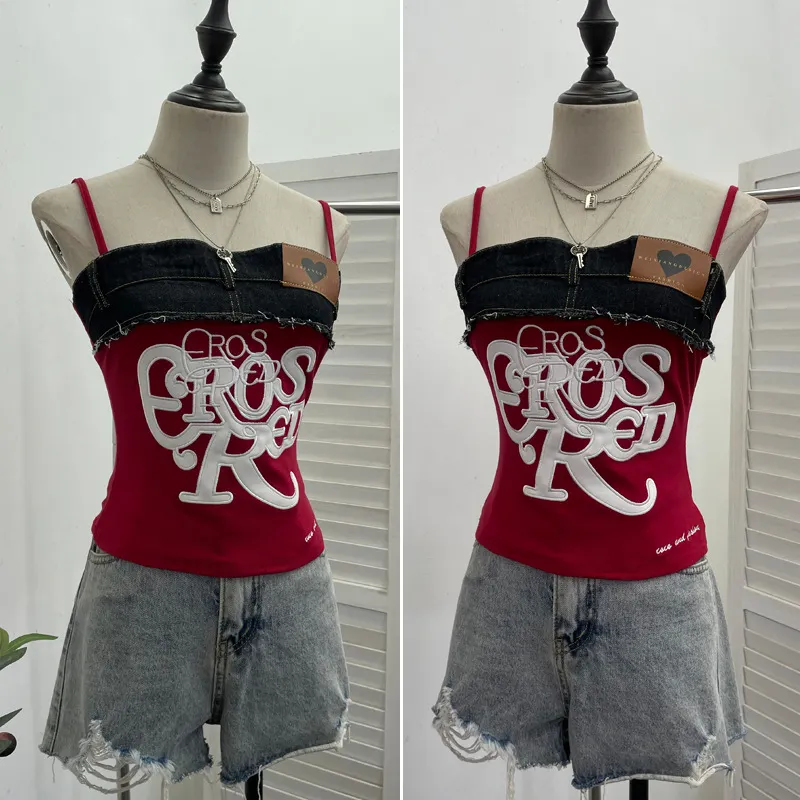 Churchf Design-Sensitive Edge Denim Spliced Letter Embroidered Sling Sling Vest T-Girls Short Top 23098