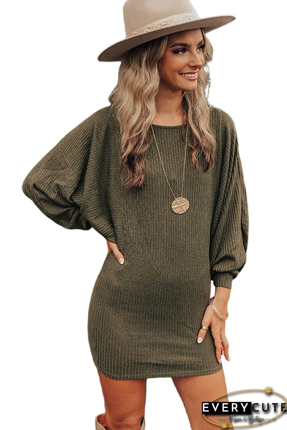 Green Batwing Sleeves Ribbed Knit Sweater Dress