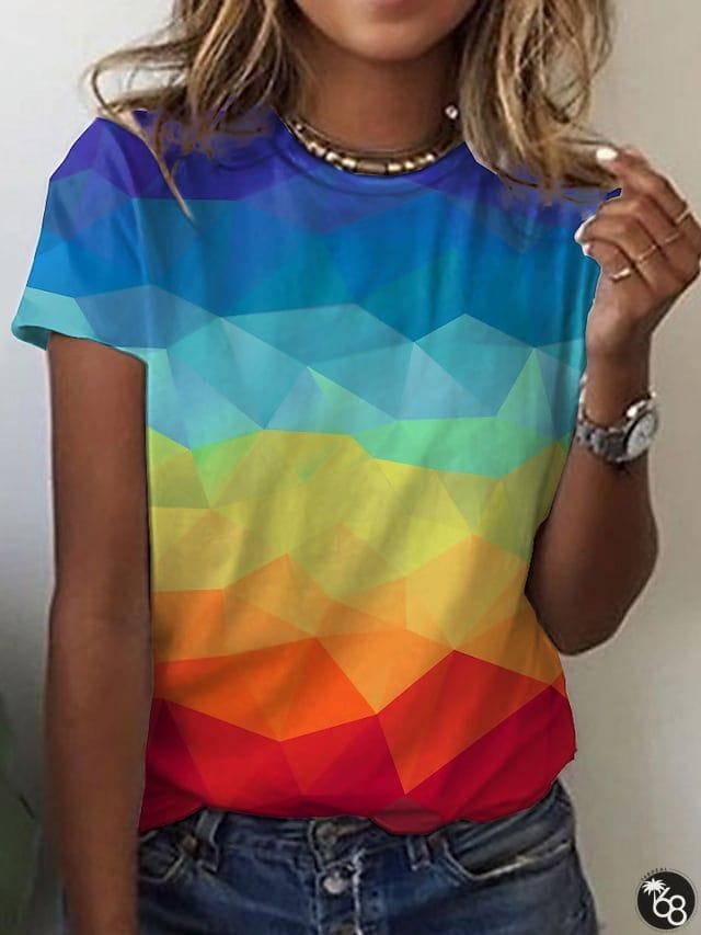 Women's T shirt Tee Yellow Red Blue Color Block Print Short Sleeve Daily Weekend Basic Round Neck Regular Abstract 3D Printed Geometric S | 168DEAL