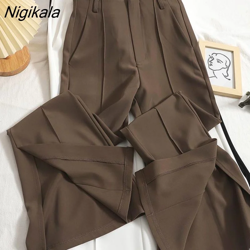 Nigikala Pants Women Boot Cut Slit High Waist Solid All-match Korean Style Office Lady Autumn Temperament Classy Clothing Female