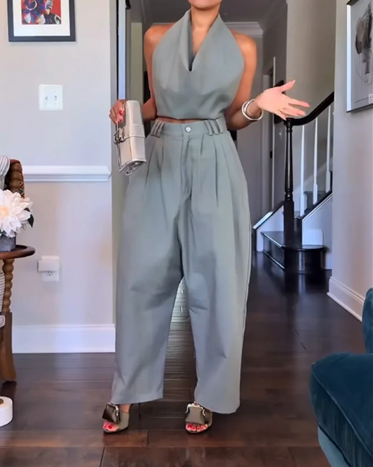Sleeveless solid color casual two-piece suit 