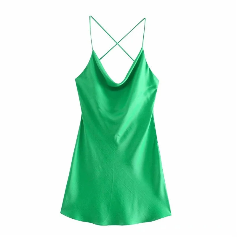 Za 2021 Green Satin Sexy Summer Dress Women Sleeveless Backless Beach Dress Fashion Draped Neck Sundress Female Mini Dresses