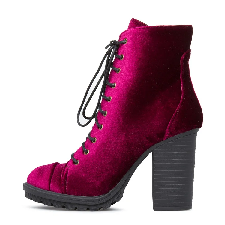 Burgundy Velvet Lace up Fashion Chunky Heel Ankle Boots, US Size 3-15 Vdcoo