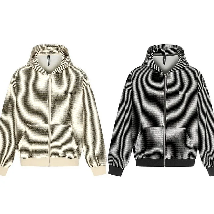Striped Bear Ear Hoodie Full Zip Knit Design for Men