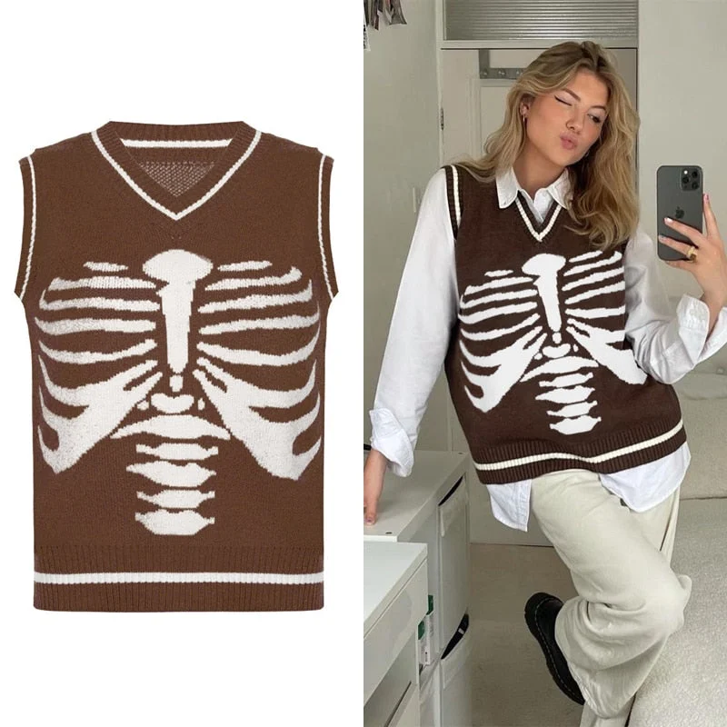 HEYounGIRL  Autumn Winter Print V Neck Knitted Jumpers Casual Long Sleeve Harajuku Sweater Women Streetwear Pullover Female 2021