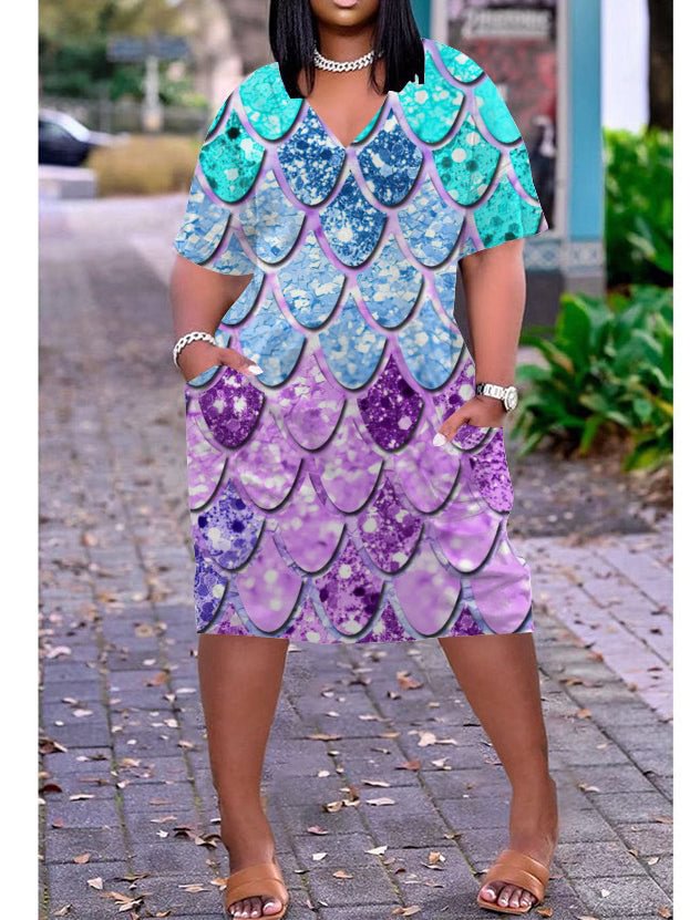 3D printed loose plus size v-neck mid-sleeve dress