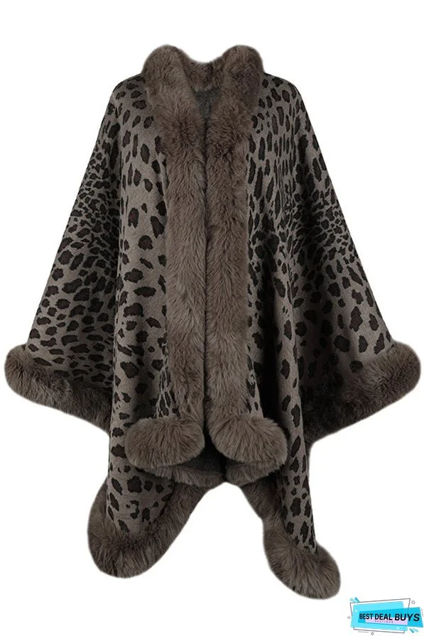 Leopard Print Fashionable Raw Edge Shawl Cape Cardigan