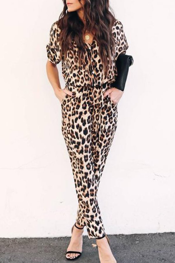 Leopard Print V Neck Short Sleeved Jumpsuit