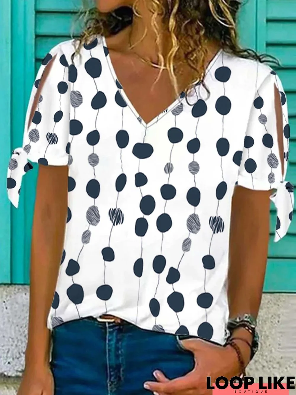 Casual Polka Dots V Neck Loosen T-Shirt