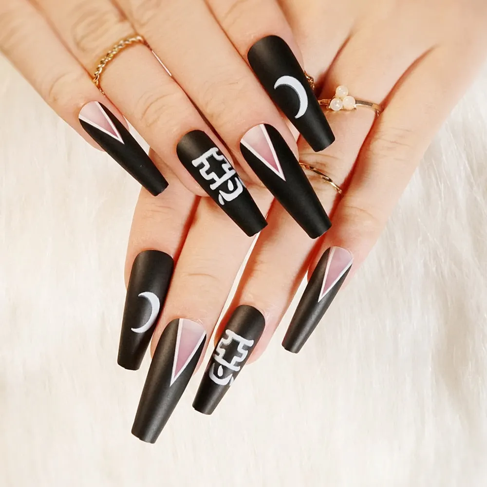 24pc/Box press on nails halloween Dark black Punk Ghost head tip nail pre design acrylic nail tip Full Cover Fake Nail 211-Nail Inspo