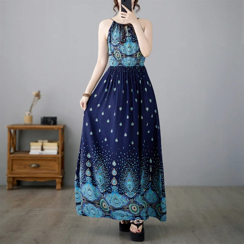 Uveng Uveng New Literary And Art-Print National Style Dress Sleeveless Sleeves Holiday Style Swinging Long Dress Hanging Neck Skirt