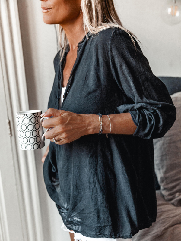 Black Cotton And Linen Pullover Shirt hjn Shicloths