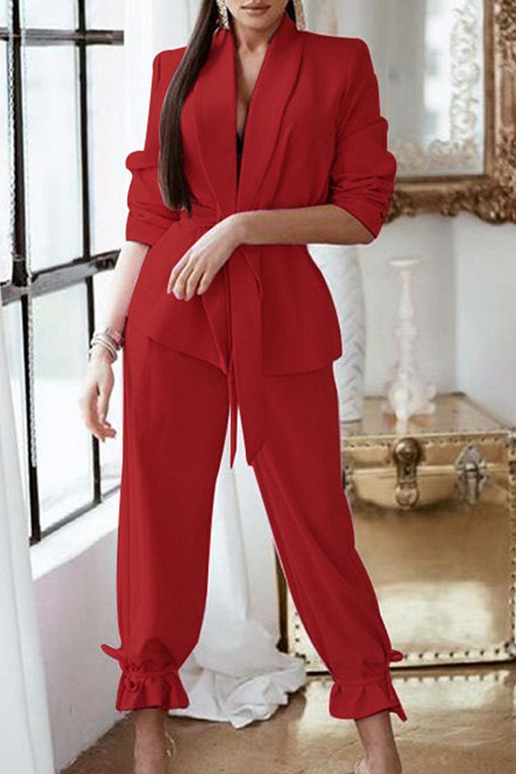 Casual Solid With Belt Turndown Collar Long Sleeve Two Piece(3 Colors) - Life is Beautiful for You - SheChoic