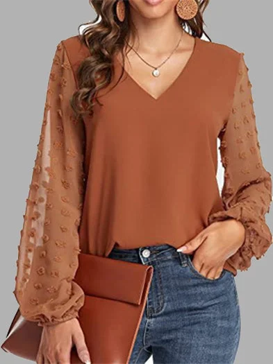 Women's Stitching Polka Dot Solid Color V-Neck Long Sleeve Top