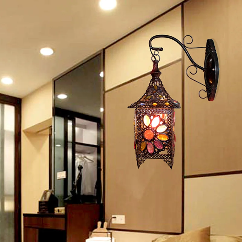 Lantern Bedroom Sconce Wall Light Bohemian Metal 1 Bulb Brass/Black Wall Lighting Fixture