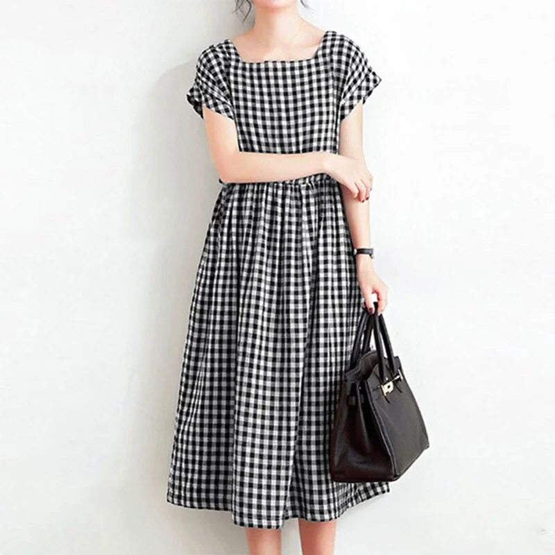 ZANZEA Vintage Women Plaid Checked Midi Dress Summer Elegant Square Neck Short Sleeve Sundress Party Vestidos  Femme