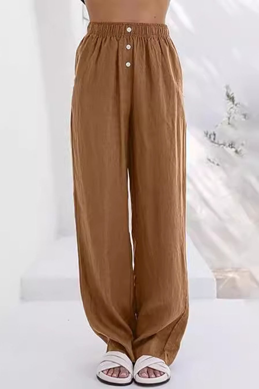 Plus Size Casual Dark Blue Cotton And Linen High Rise Elastic Waist Button Pants 2024 - Flycurvy 