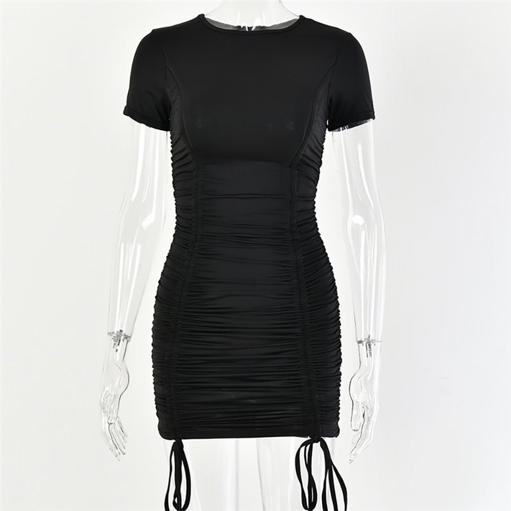 Articat White Ruched Pleated Bodycon Dress Women Drawstring Short Sleeve Mini Party Dress Solid Basic Skinny Casual Dress Short