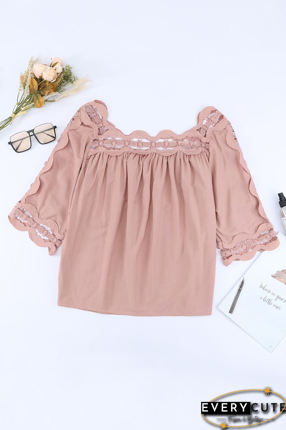 Pink Crochet Trim Hollow-out Blouse