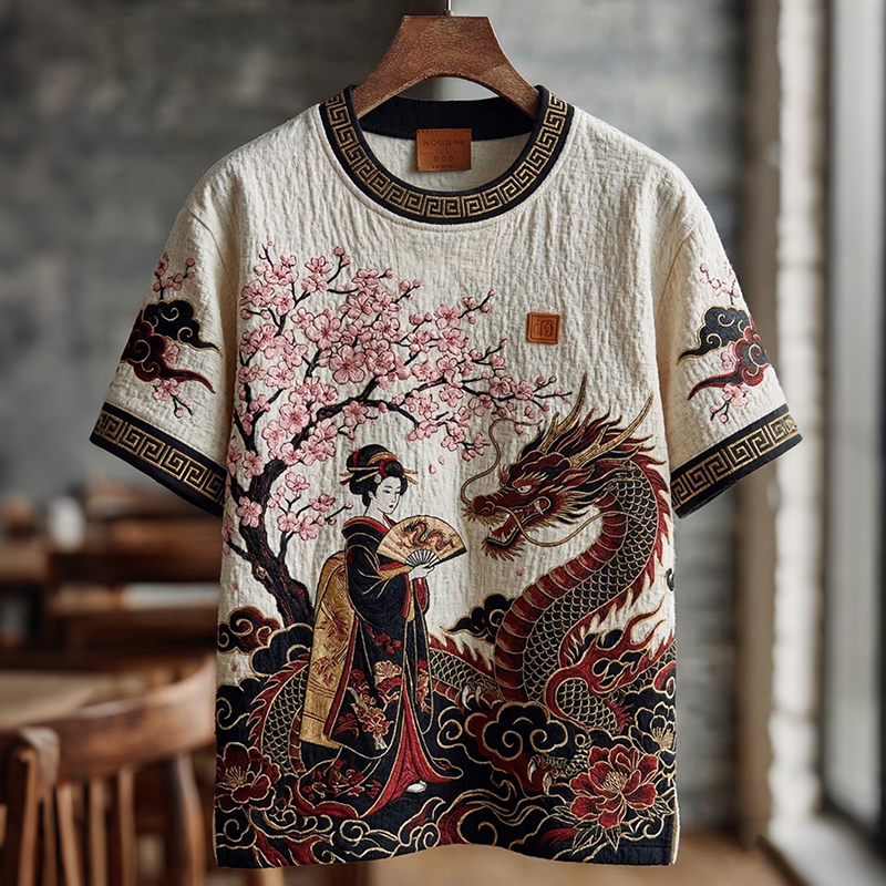Vintage Elegant Japanese Geisha And Dragon Art Printed Round Neck Short-sleeve Tops elevenforest
